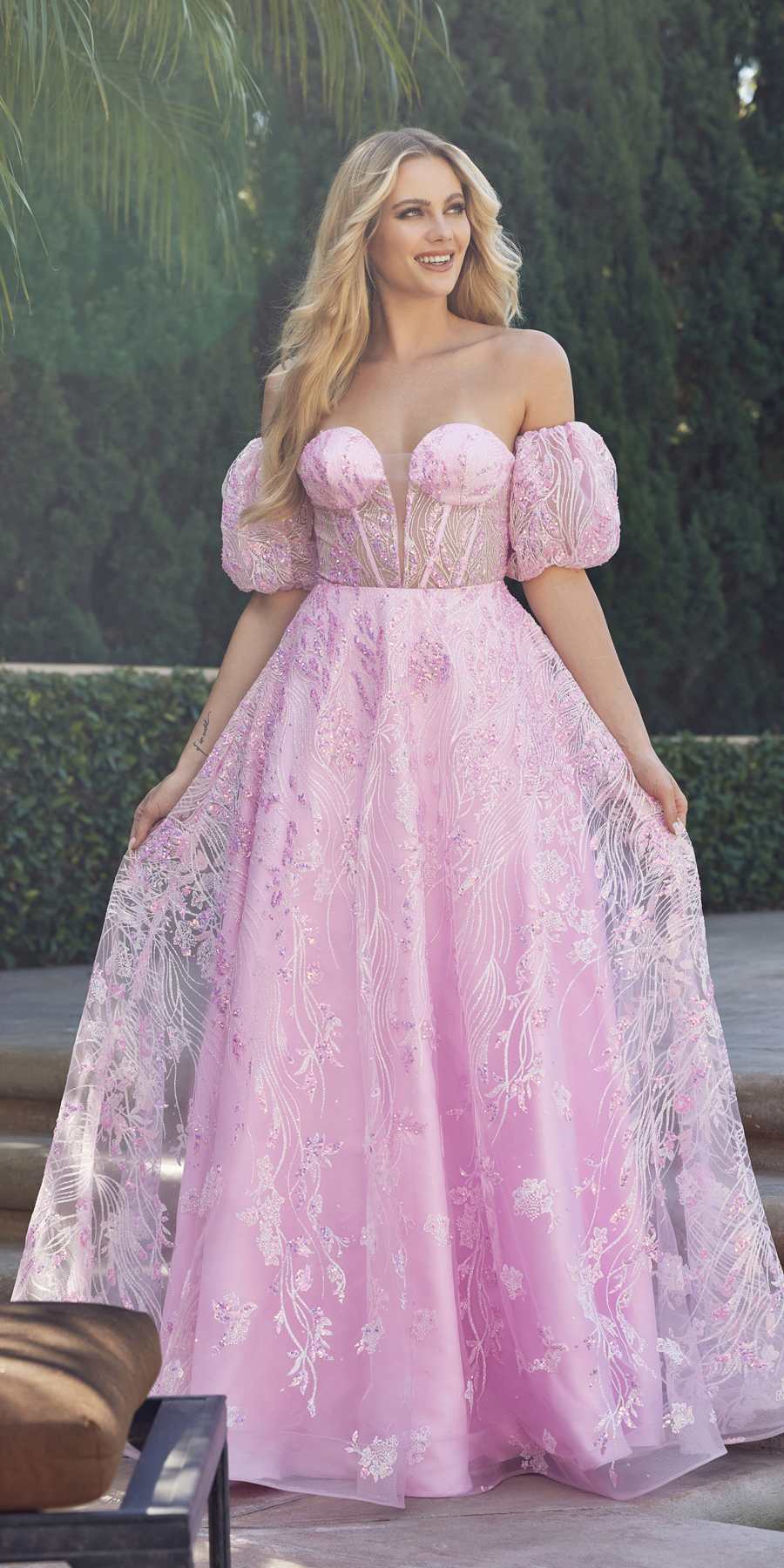 Juliet 2404 Strapless Sequin Tulle Ballgown Removable Puff Sleeves