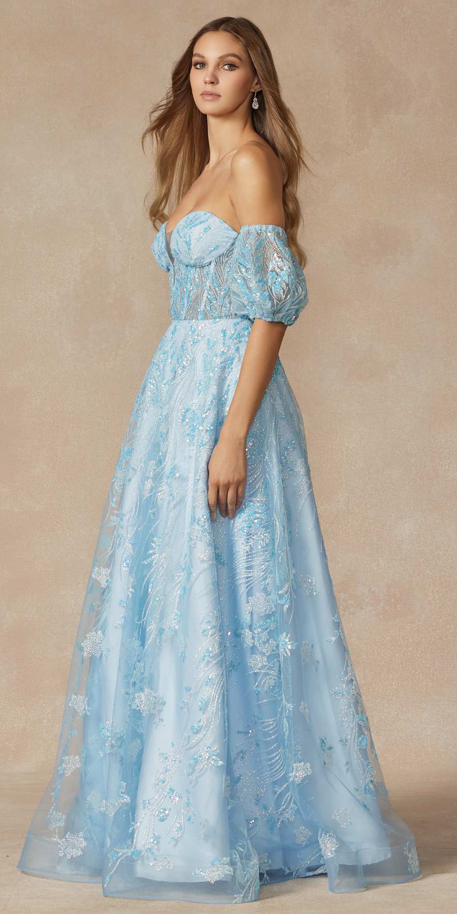 Juliet 2404 Strapless Sequin Tulle Ballgown Removable Puff Sleeves