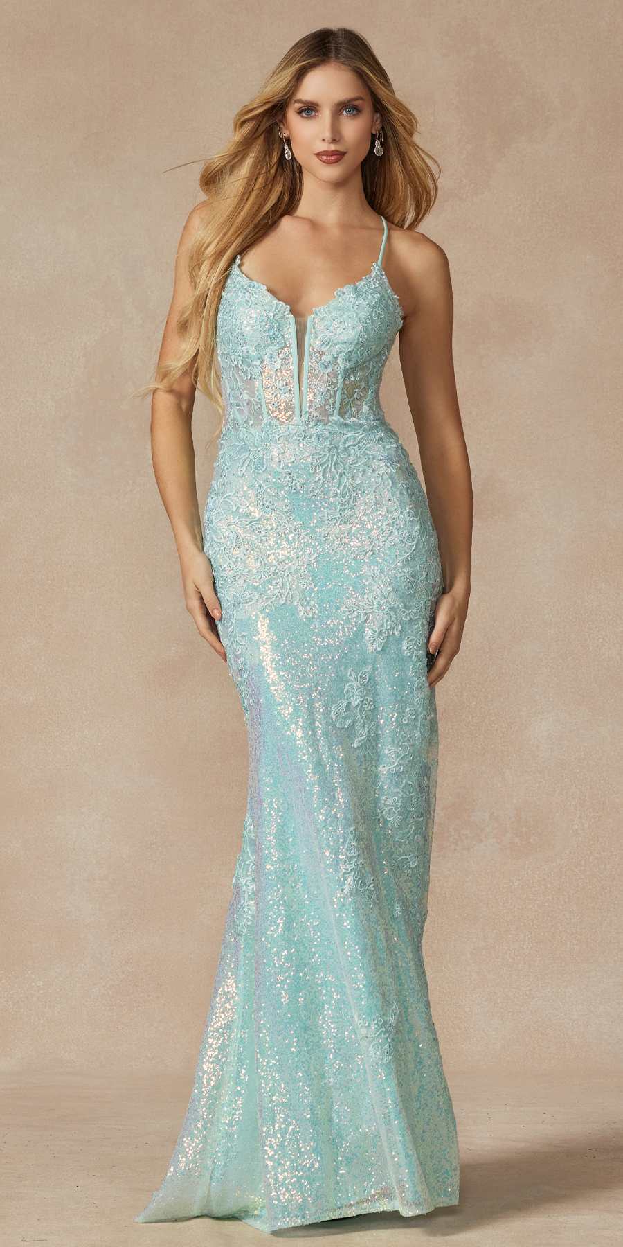 Juliet 2405 Machine Sequin Lace Embellishments High Slit Prom Gown