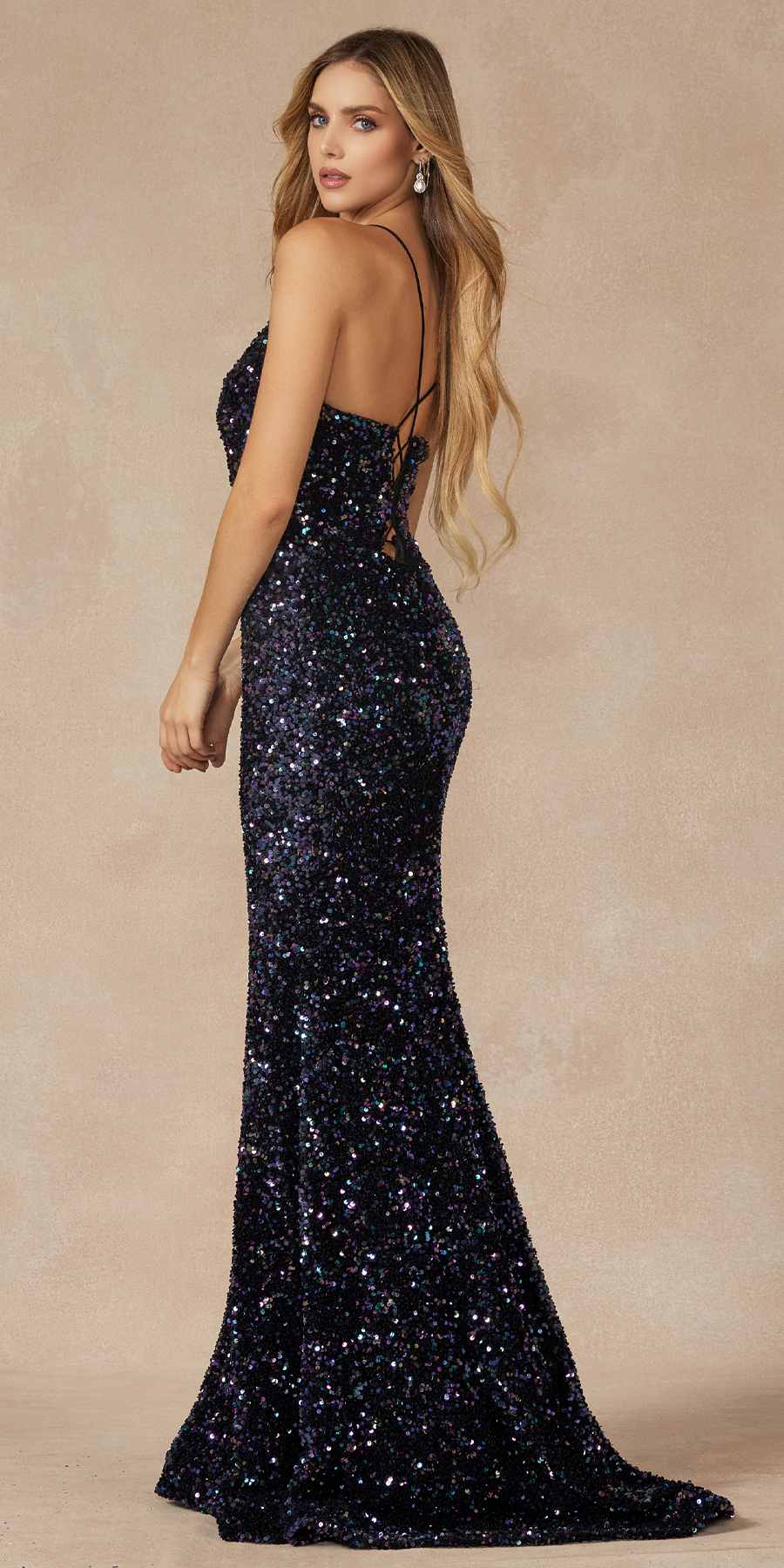 Juliet 2406 Velvet Sequin Fitted Gown V-Neckline Lace Up Back