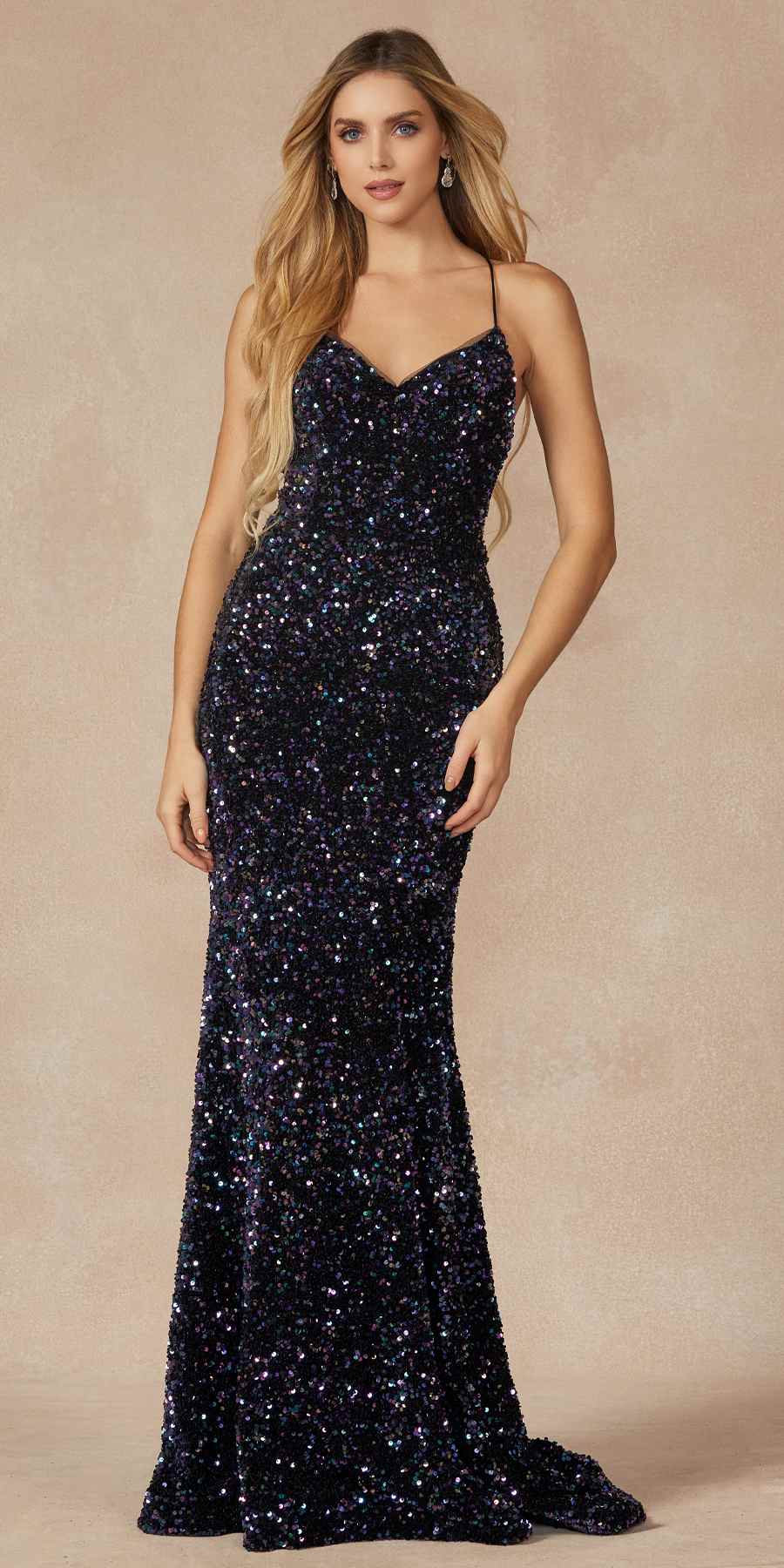 Juliet 2406 Velvet Sequin Fitted Gown V-Neckline Lace Up Back
