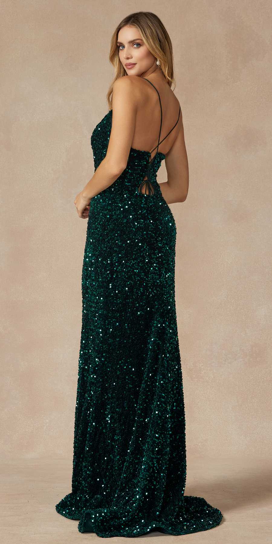 Juliet 2406 Velvet Sequin Fitted Gown V-Neckline Lace Up Back