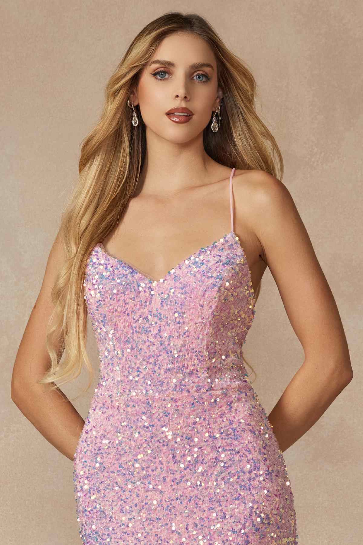 Juliet 2406 Velvet Sequin Fitted Gown V-Neckline Lace Up Back