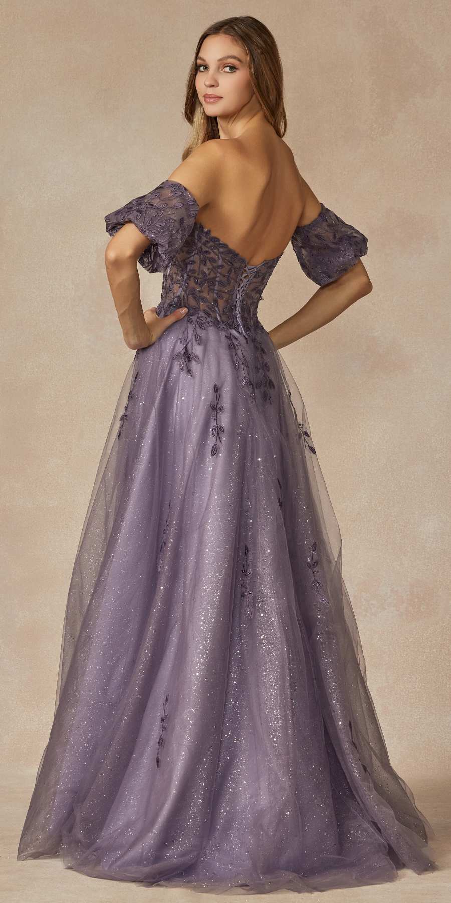 Juliet 2409 Floor Length A-Line Leaf Embroidered Gown Detachable Sleeves