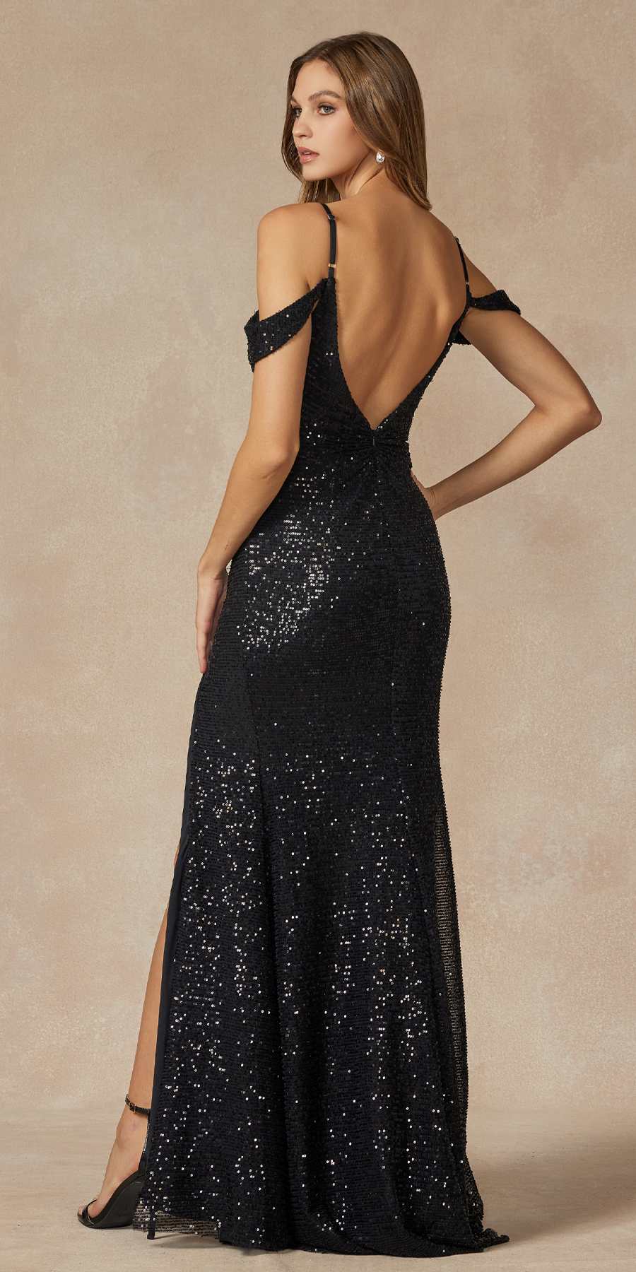 Juliet 2410 Long Off the Shoulder Sequin Gown with Skirt Slit