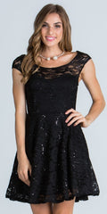 CLEARANCE - La Scala 24111 Lace Cap Sleeves Short Black Dress