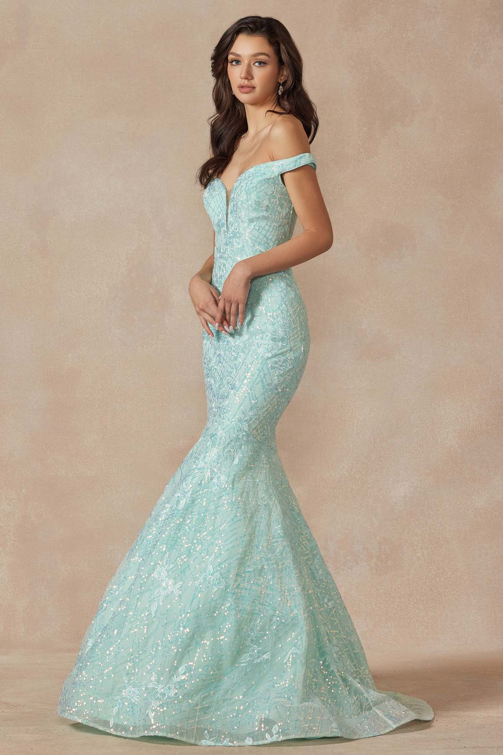 Juliet 2412 Mermaid Gown Plunging Deep V Illusion Neckline Off the Shoulder