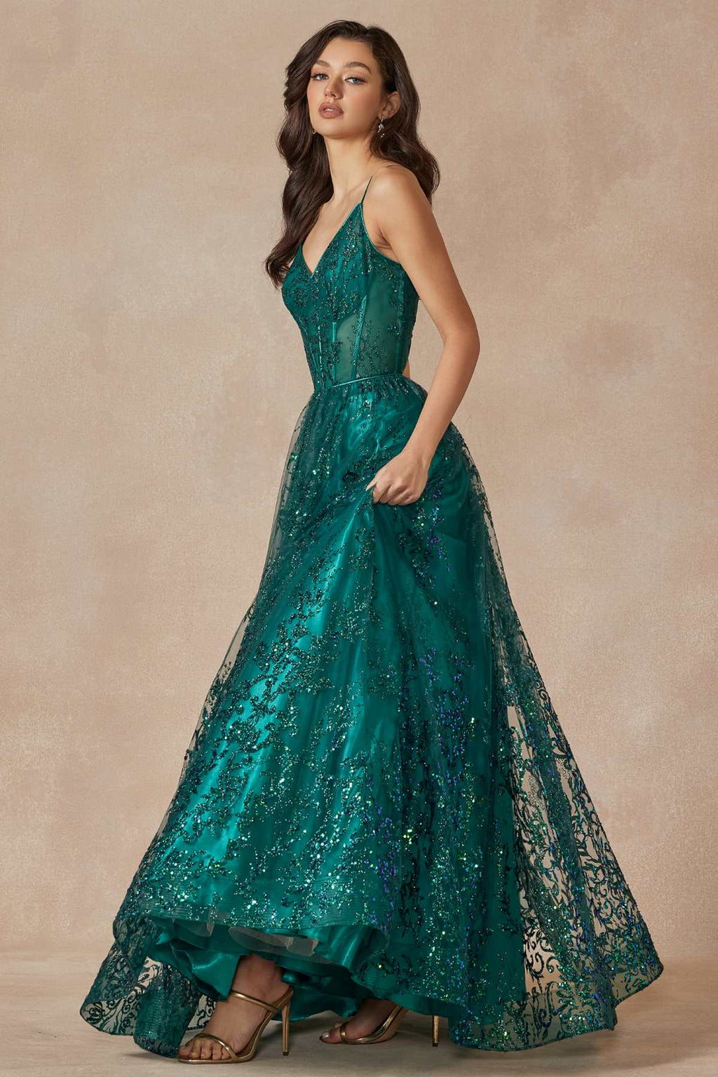 Juliet 2414 Floor Length A-Line Glitter Lace Tulle Ball Gown