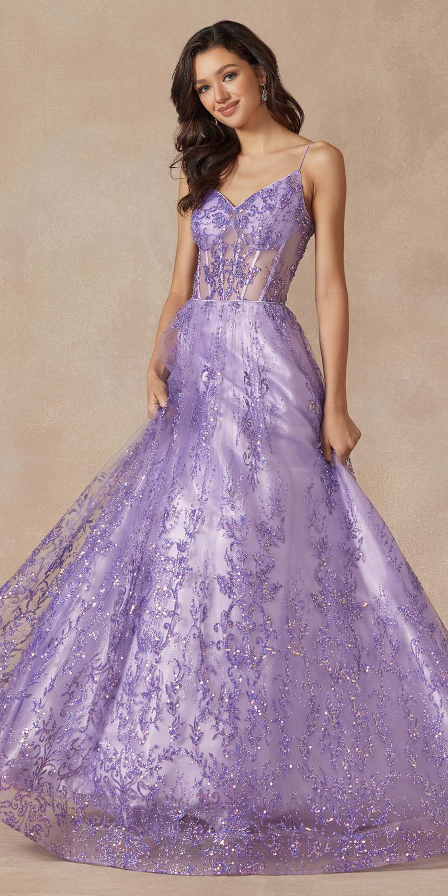 Juliet 2414 Floor Length A-Line Glitter Lace Tulle Ball Gown