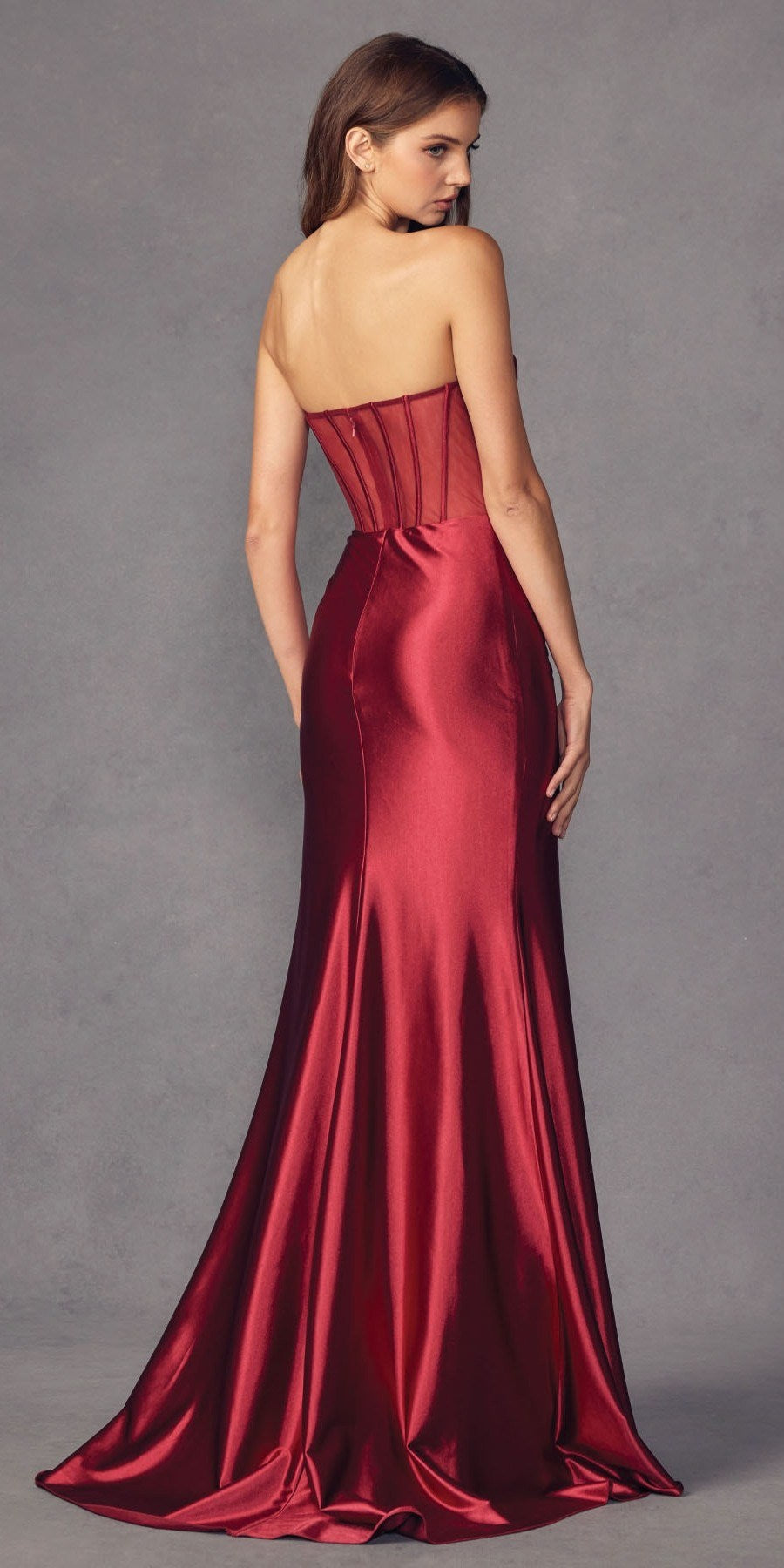 Juliet 2416 Floor Length Strapless Sheer Boned Bodice Slit Satin Dress