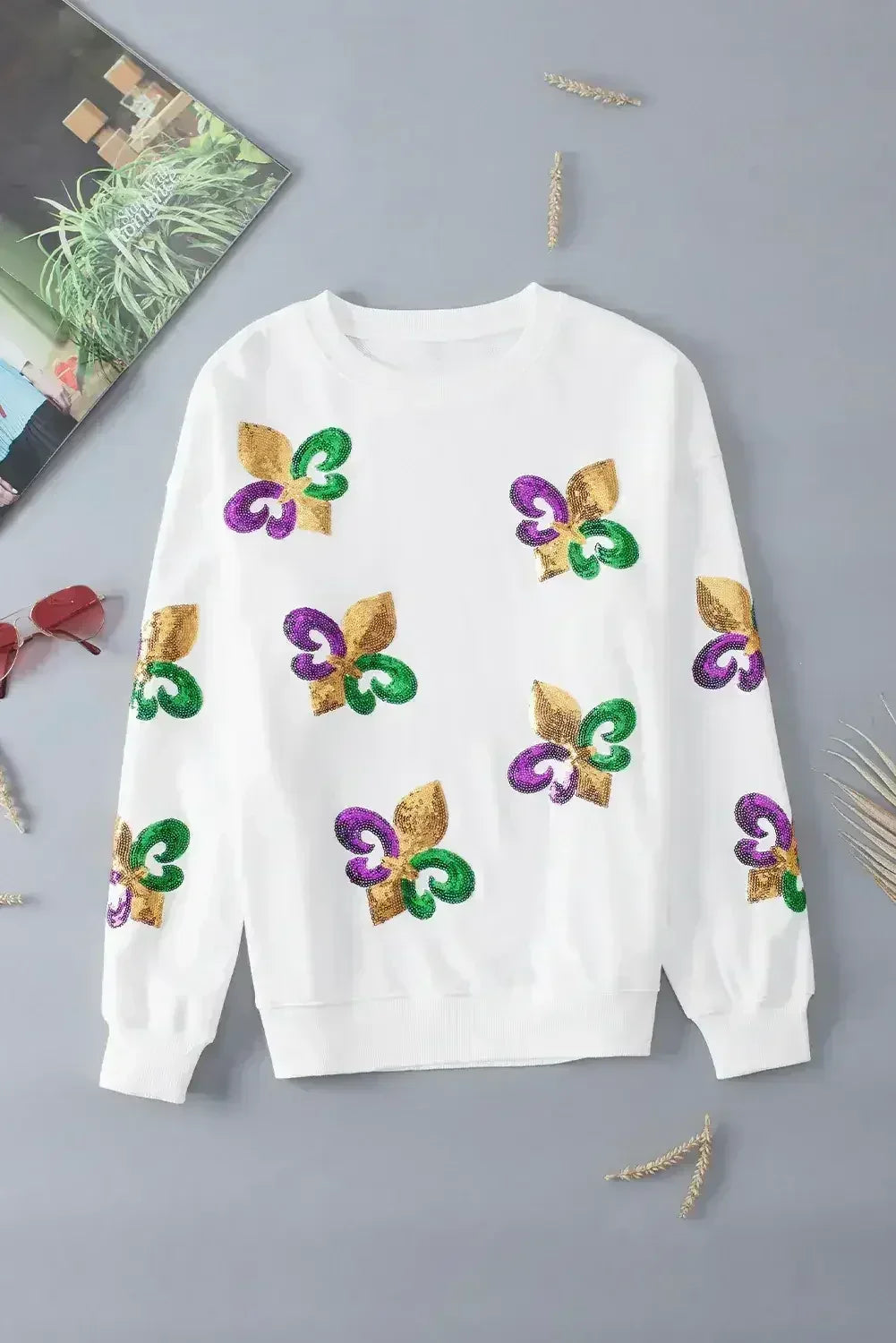 White Sequin MARDI GRAS Graphic Pullover Sweatshirt