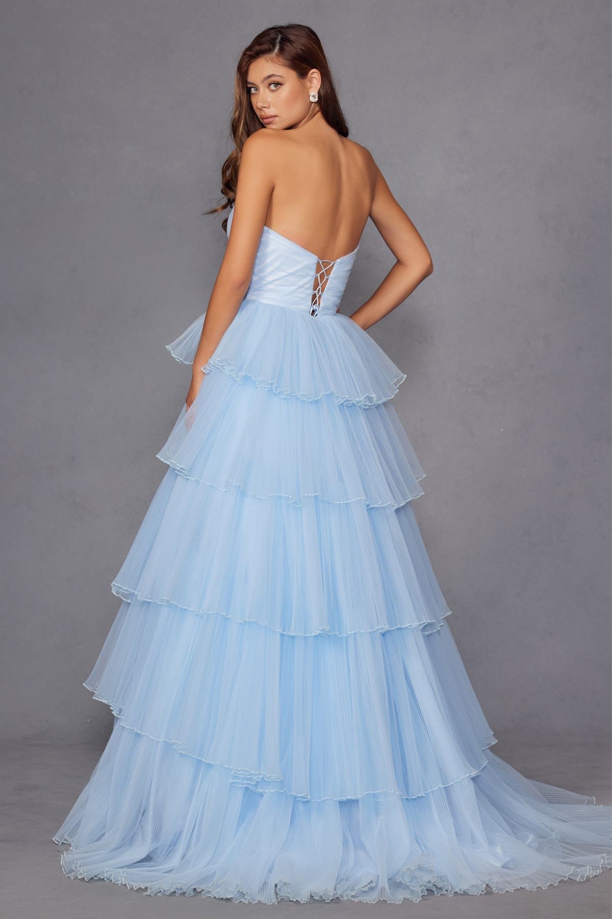 Juliet JT2452K Long Pleated Strapless Tiered Ruffle Tulle A-Line Gown