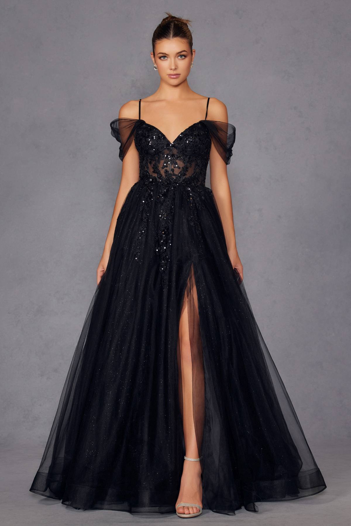 Juliet JT2466A Long Cold Shoulder Sweetheart Corset Bodice A-Line Gown