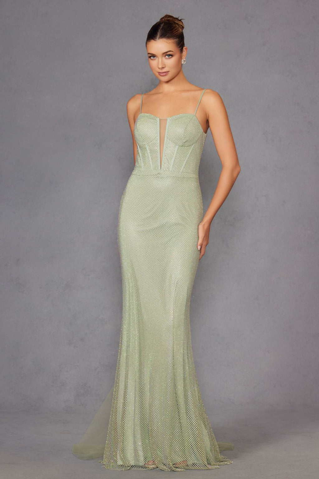 Juliet JT2470S Long V-Neck Boned Bodice Fitted Net Mesh Formal Dress