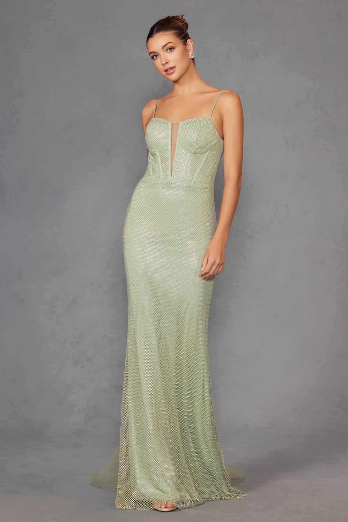 Juliet JT2470S Long V-Neck Boned Bodice Fitted Net Mesh Formal Dress