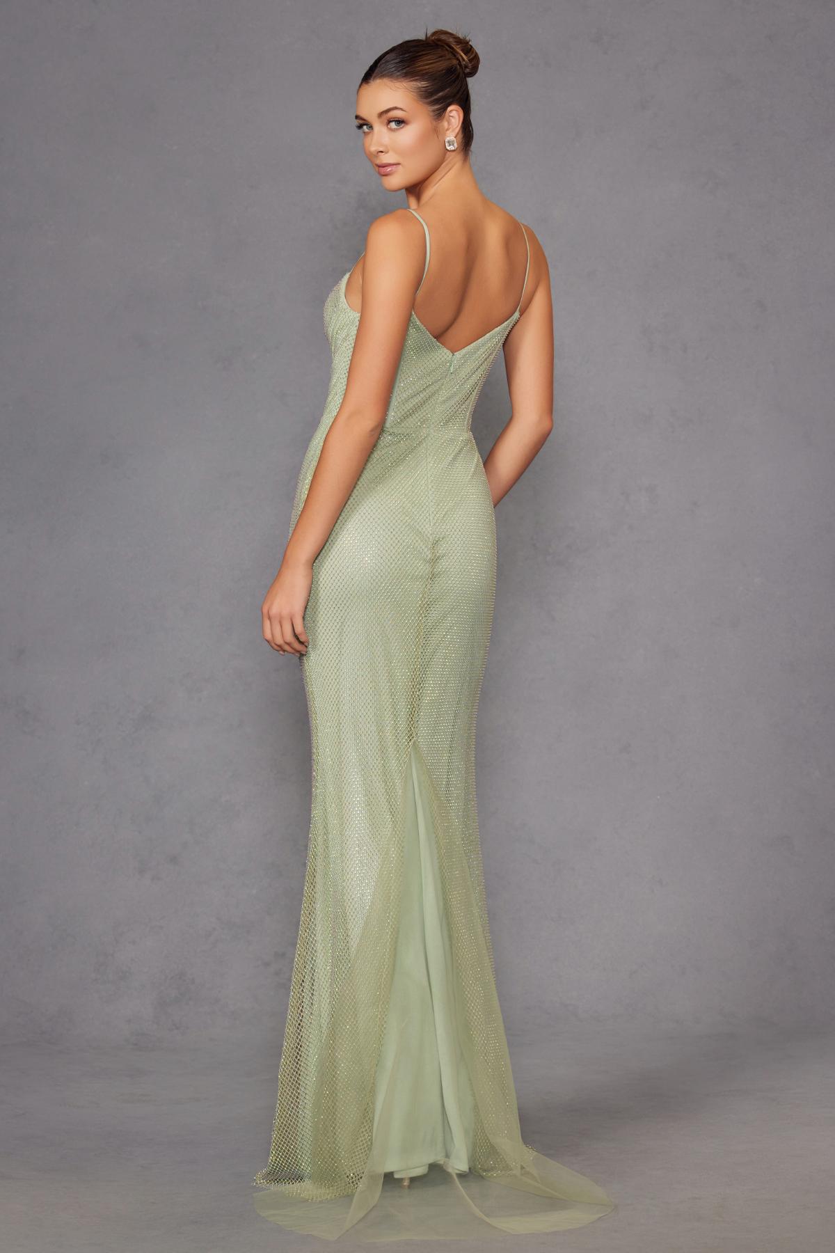 Juliet JT2470S Long V-Neck Boned Bodice Fitted Net Mesh Formal Dress