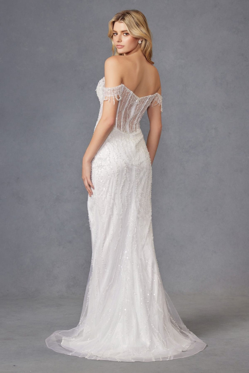 Juliet JT2471LW Long Off the Shoulder Fringe Sleeve Fitted Wedding Gown