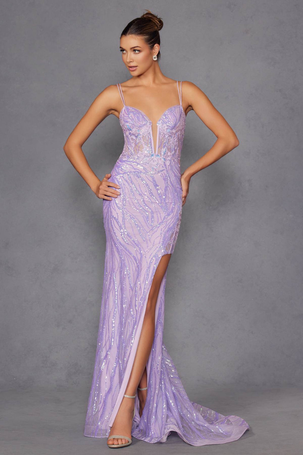 Juliet JT2473R Long Fitted Sequin Lace Applique Boned Corset Gown