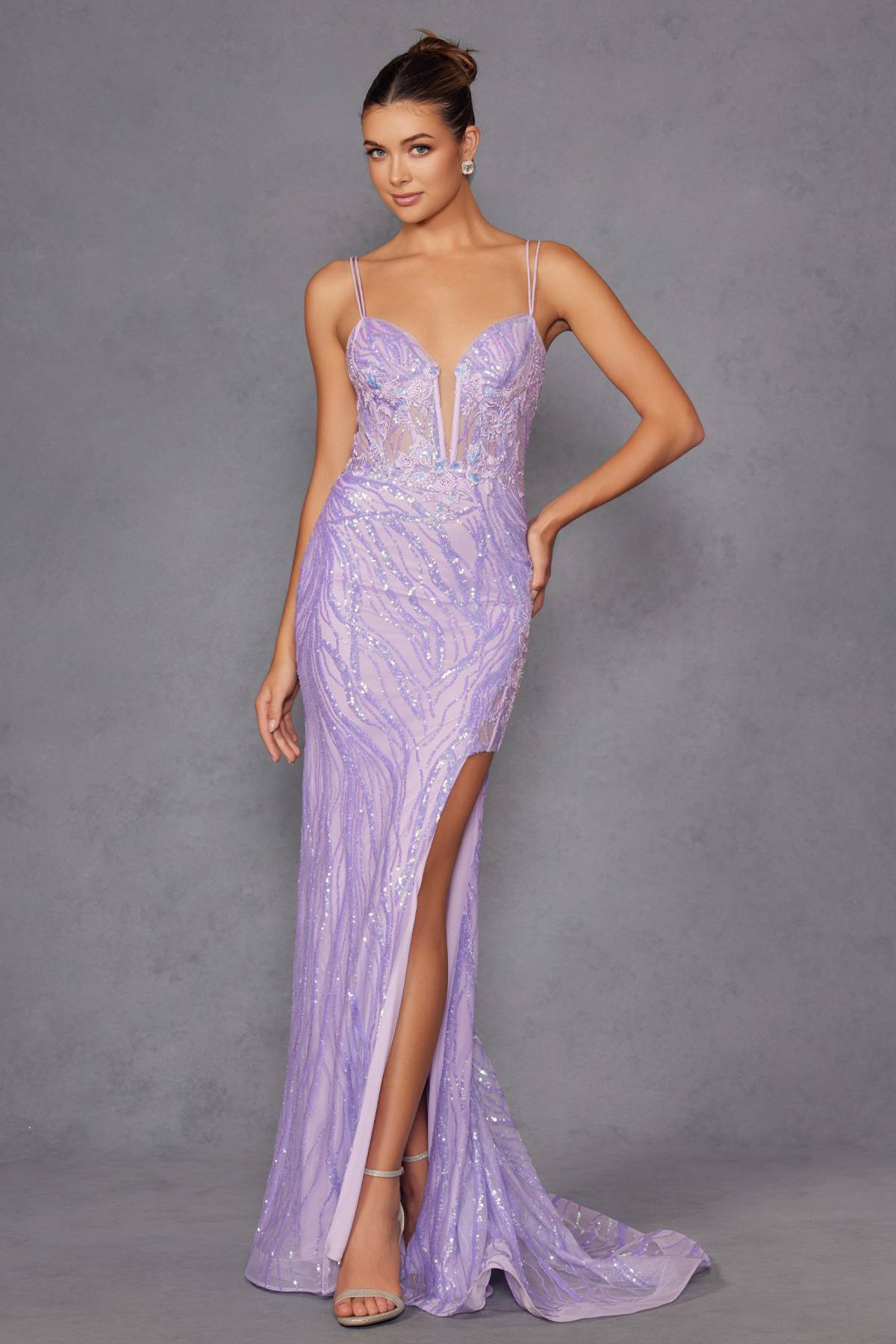 Juliet JT2473R Long Fitted Sequin Lace Applique Boned Corset Gown