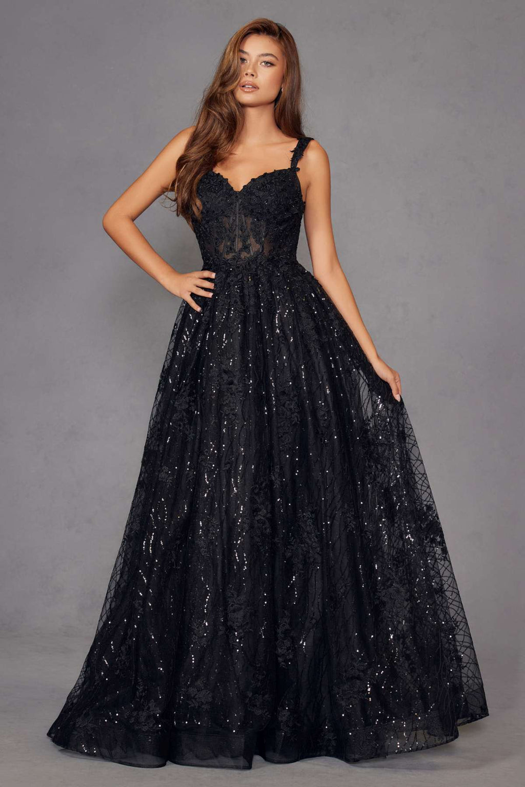Juliet JT2495A Long A-Line Floral Lace Evening Gown