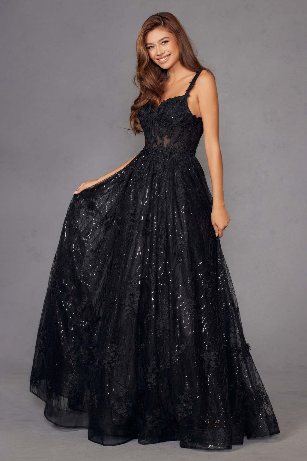 Juliet JT2495A Long A-Line Floral Lace Evening Gown