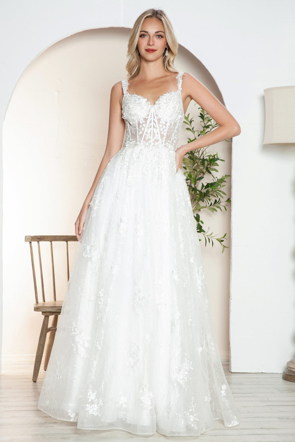 Juliet JT2495AW Long A-Line Floral Lace Bridal Gown