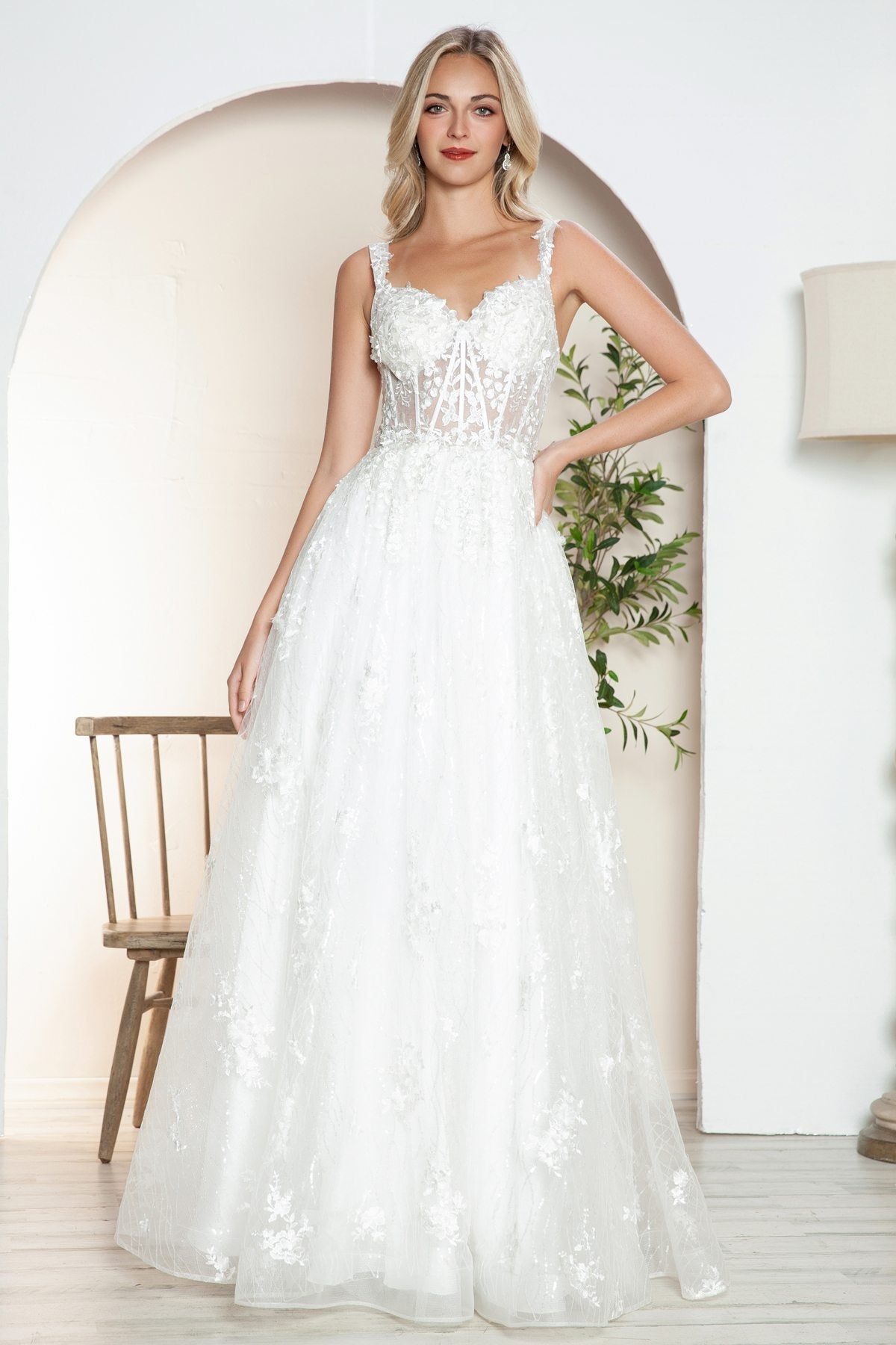 Juliet JT2495AW Long A-Line Floral Lace Bridal Gown