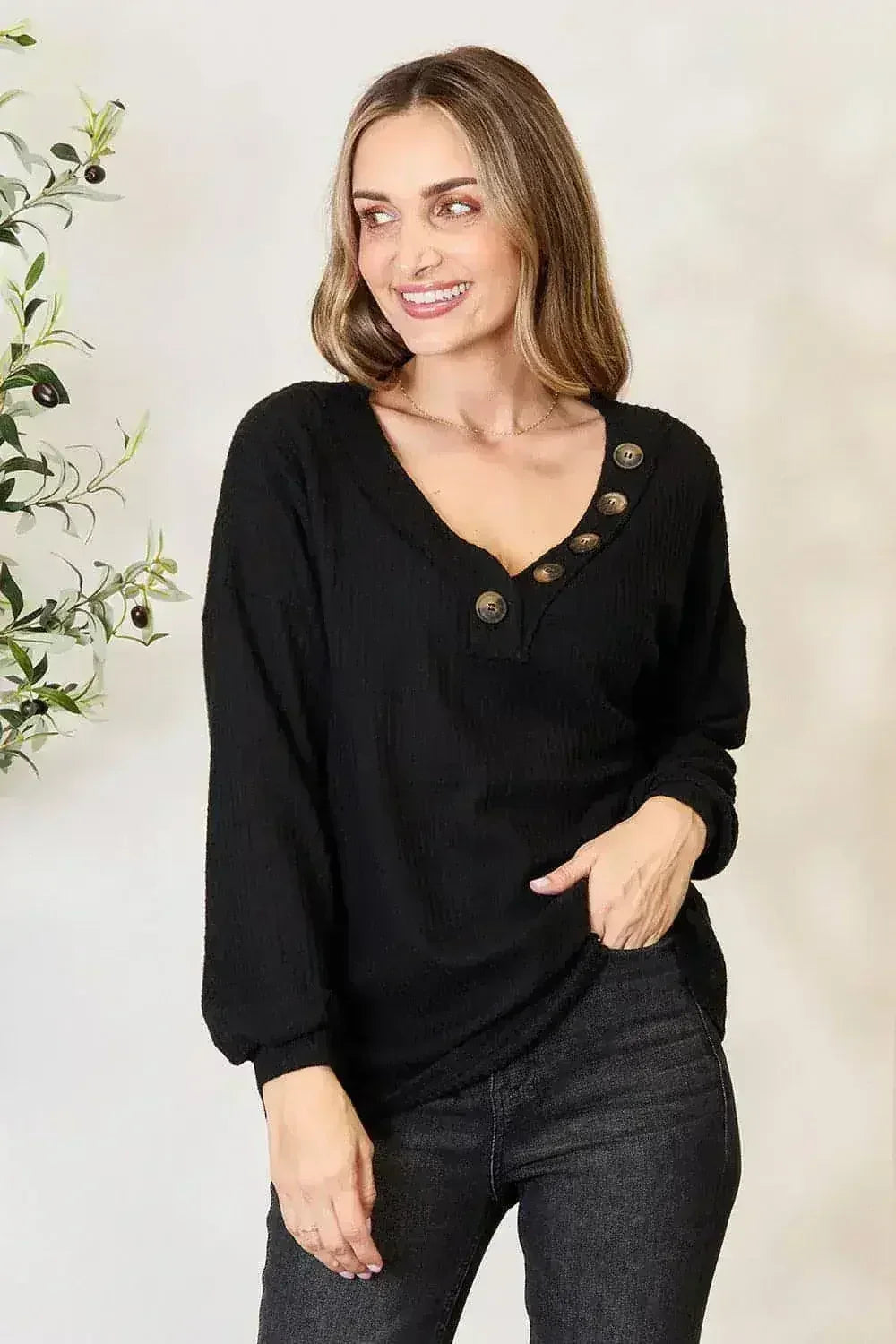 Buttoned Long Sleeve Blouse - Classic Modern Top | Femstylo