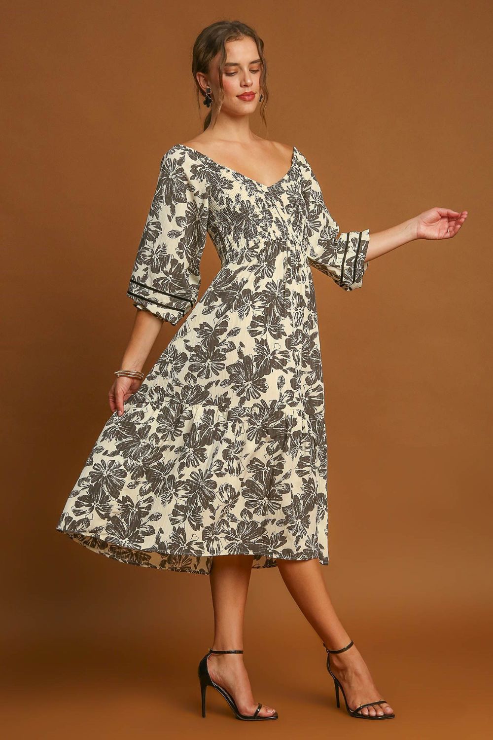 Ruffle Hem Flower Printed V-Neck Dress For Women – Floral Print Dress, Ruffle Hem V-Neck Dress, Feminine Floral Dress, Elegant V-Neck Dress, Flirty Ruffle Hem Dress