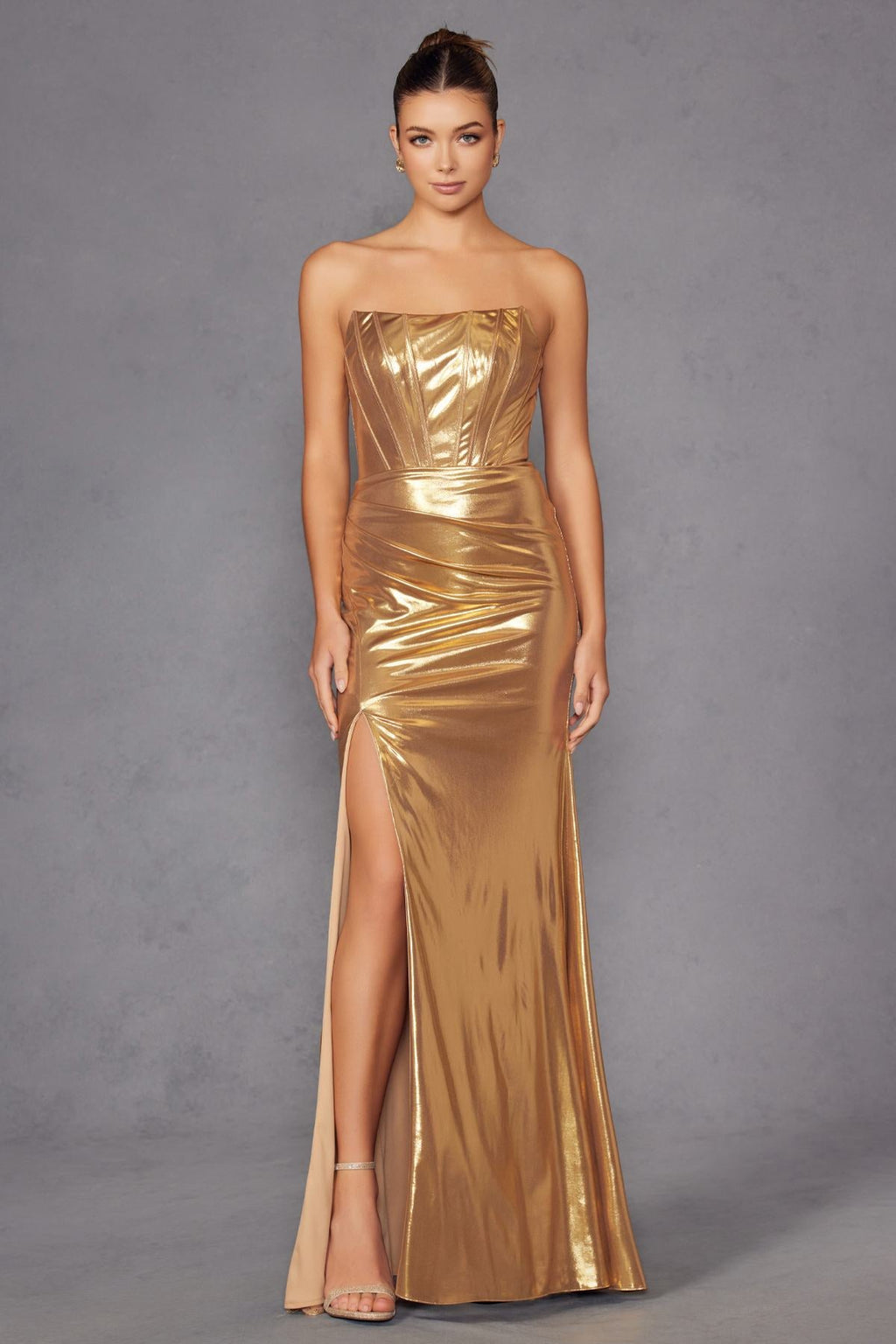 Juliet JT2500A Strapless Fitted Metallic Formal Gown