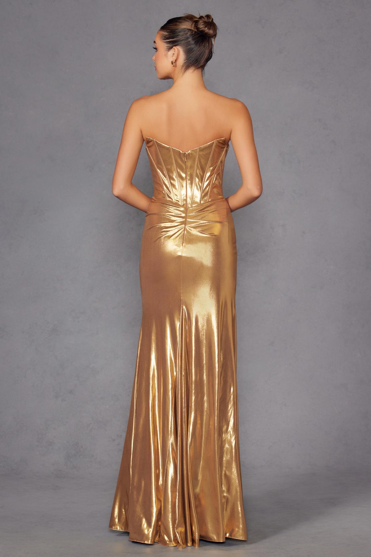 Juliet JT2500A Strapless Fitted Metallic Formal Gown