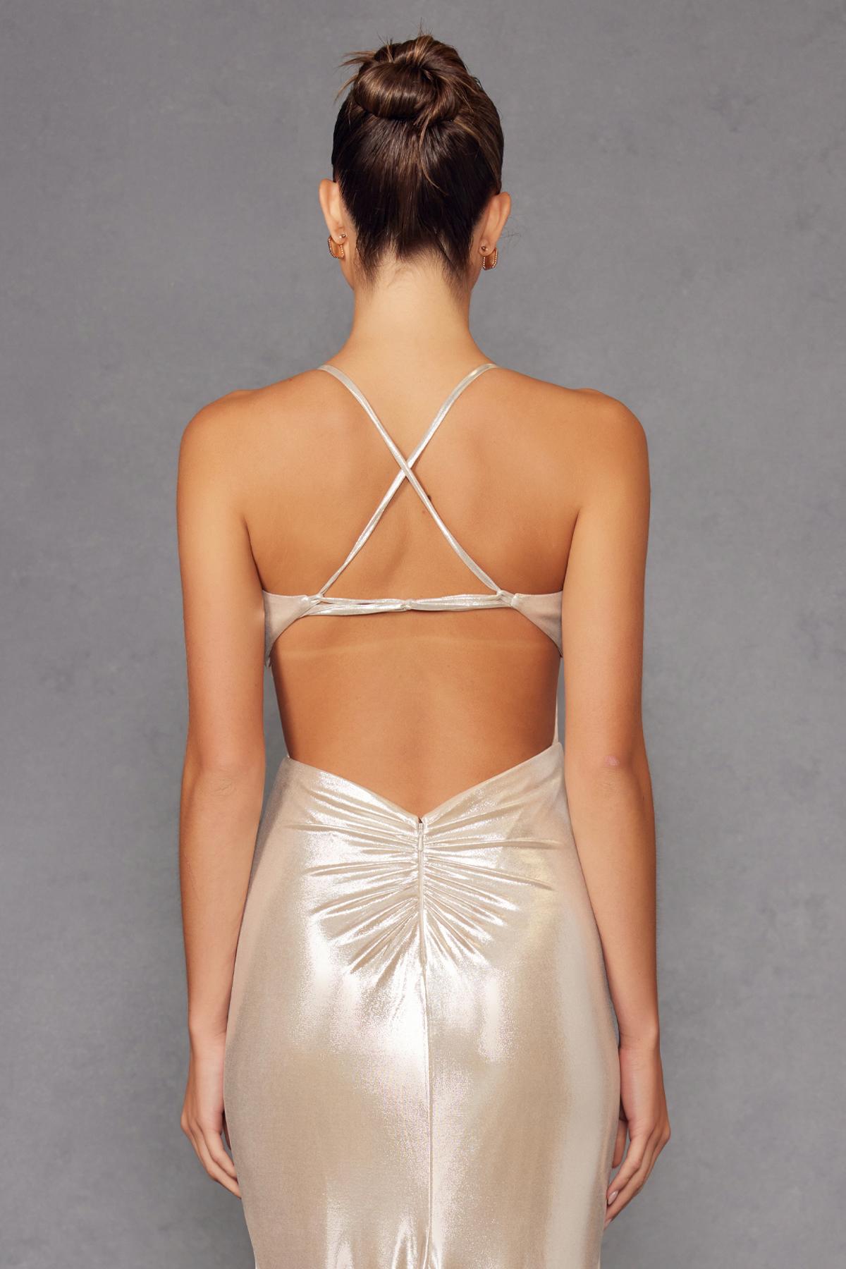 Juliet JT2502A Dress Long Halter Neck Fitted Metallic Gown