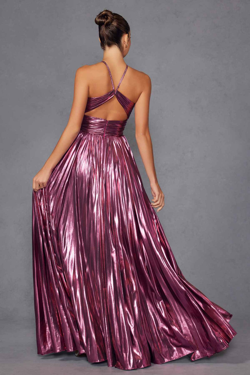 Juliet JT2503A Long Halter A-Line Pleated Metallic Gown