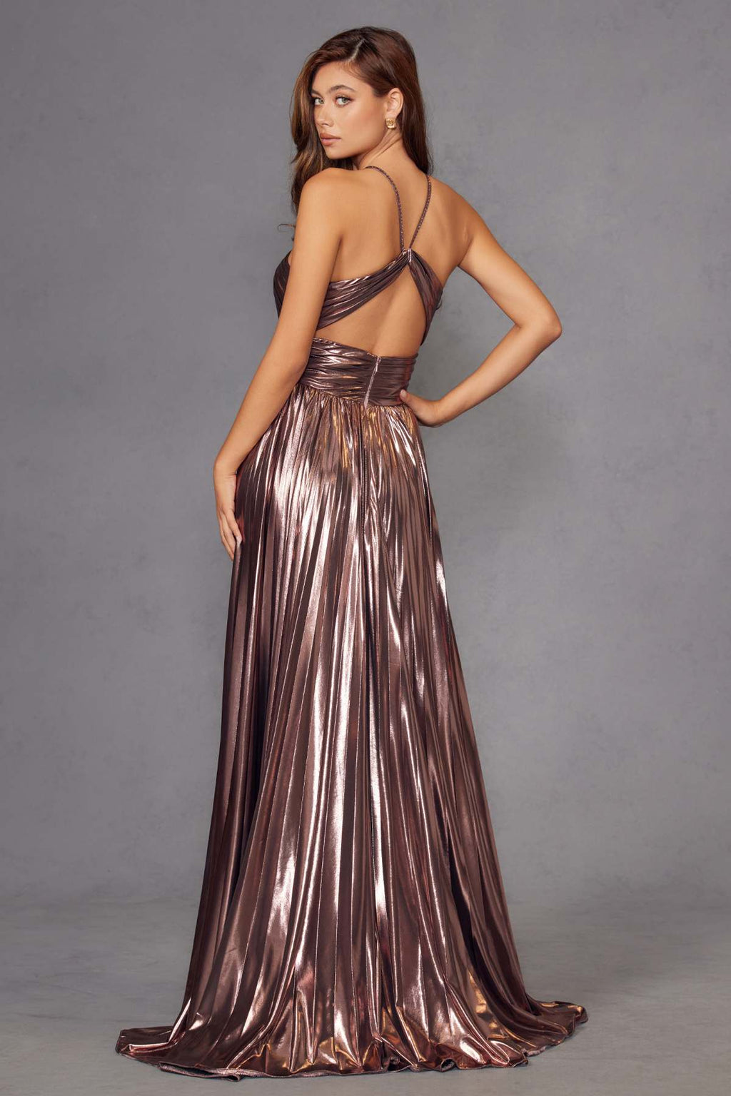 Juliet JT2503A Long Halter A-Line Pleated Metallic Gown