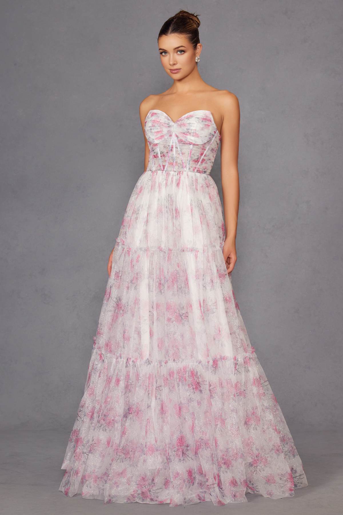 Juliet JT2507A Long Strapless Sweetheart Print Tiered Skirt Gown