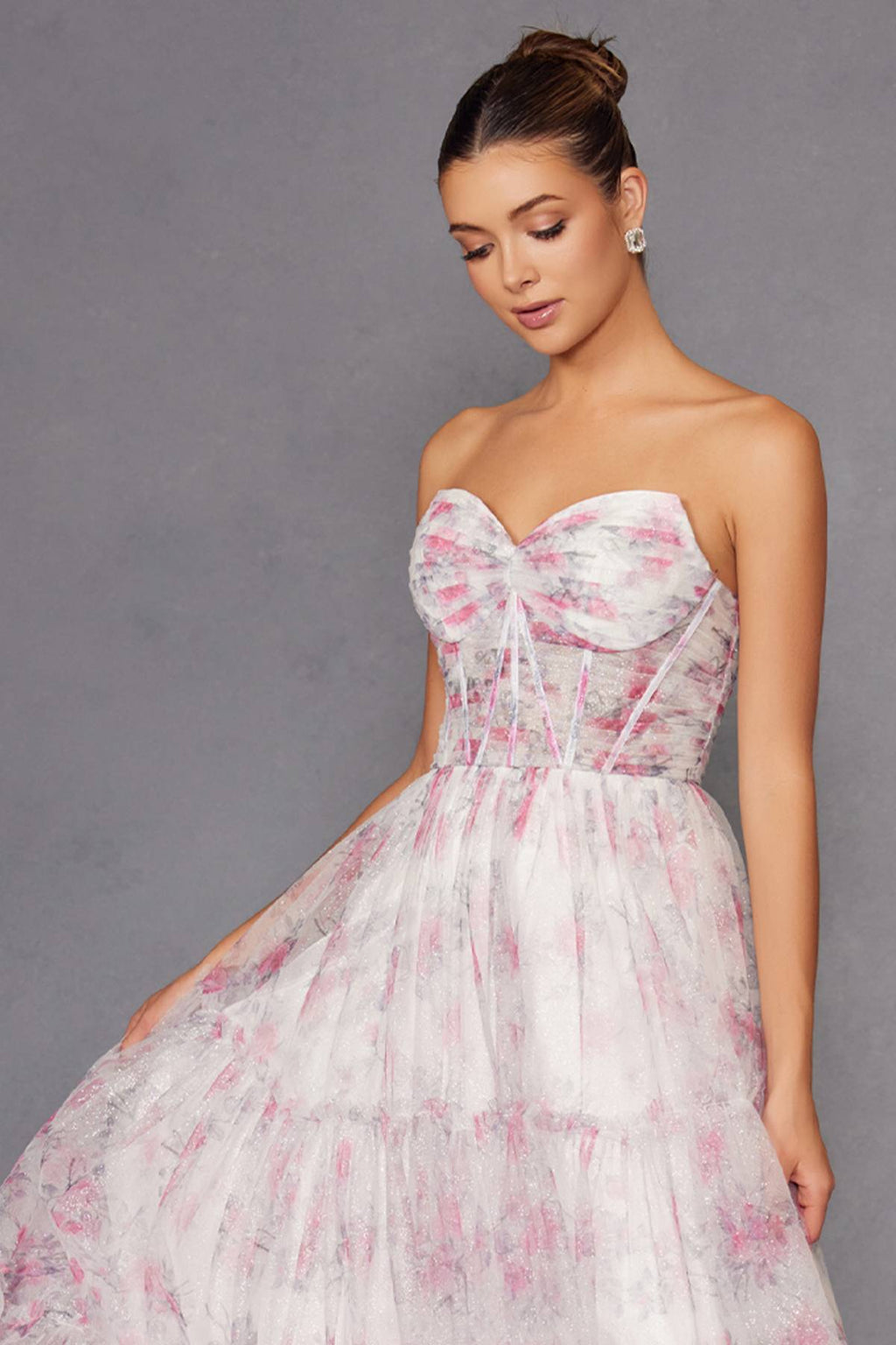 Juliet JT2507A Long Strapless Sweetheart Print Tiered Skirt Gown