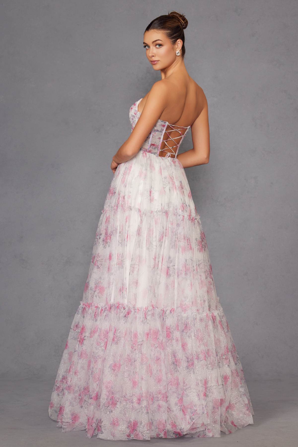 Juliet JT2507A Long Strapless Sweetheart Print Tiered Skirt Gown