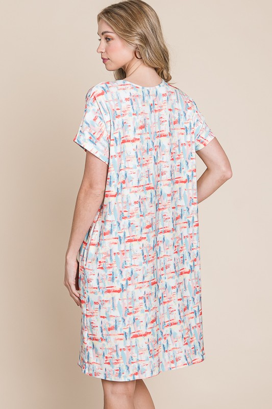 Printed Round Neck Short Sleeve Tee Dress For Women – Casual and Comfortable Dress with Printed Design and Pockets