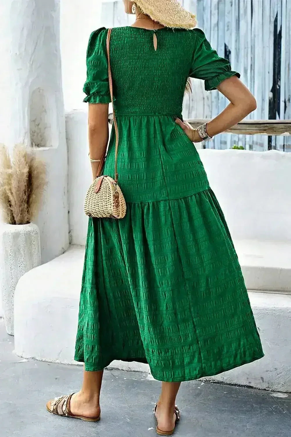 Sail Blue Solid Textured Smocked High Waist Midi Dress