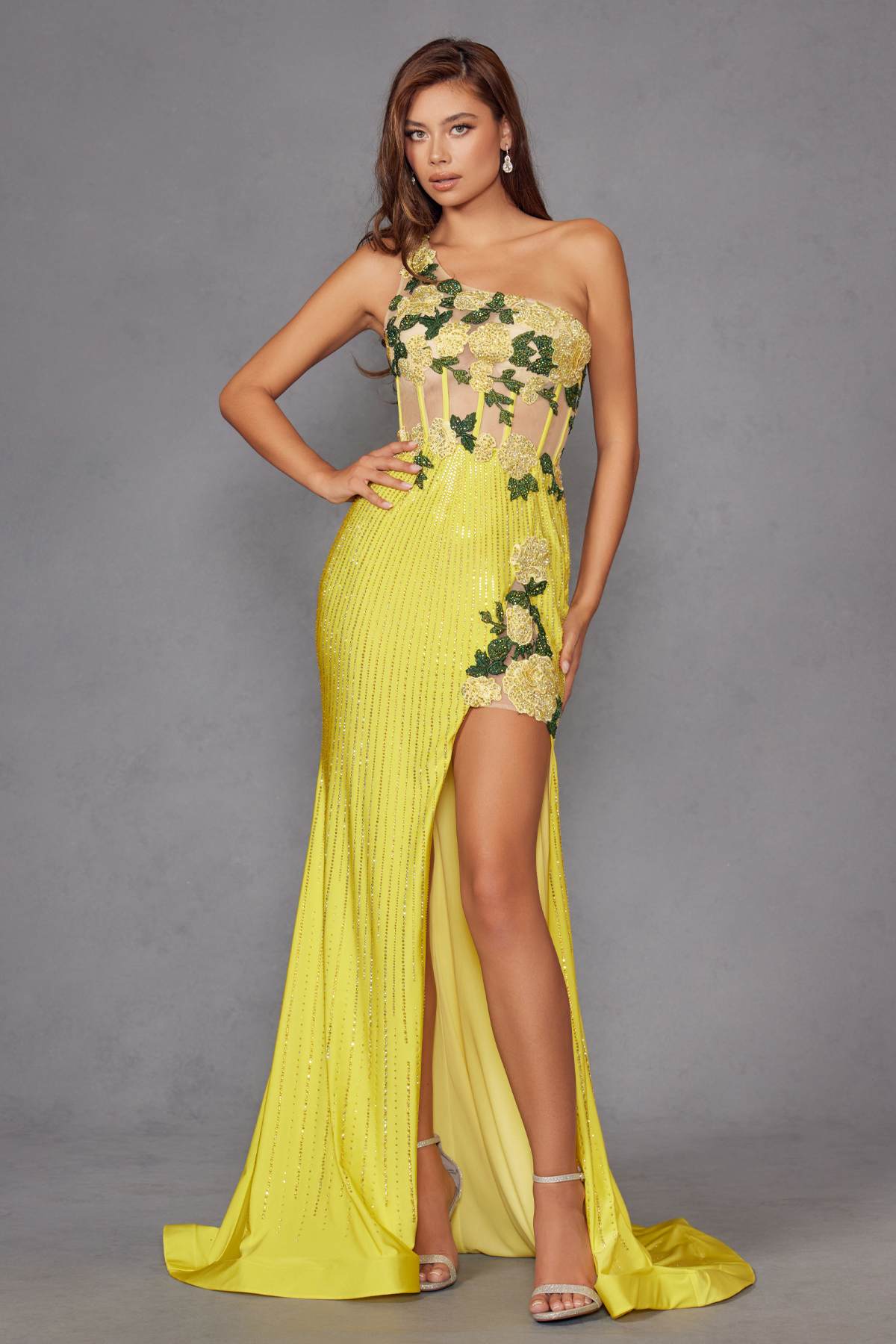 Juliet JT2514R One Shoulder Fitted Floral Applique Evening Gown