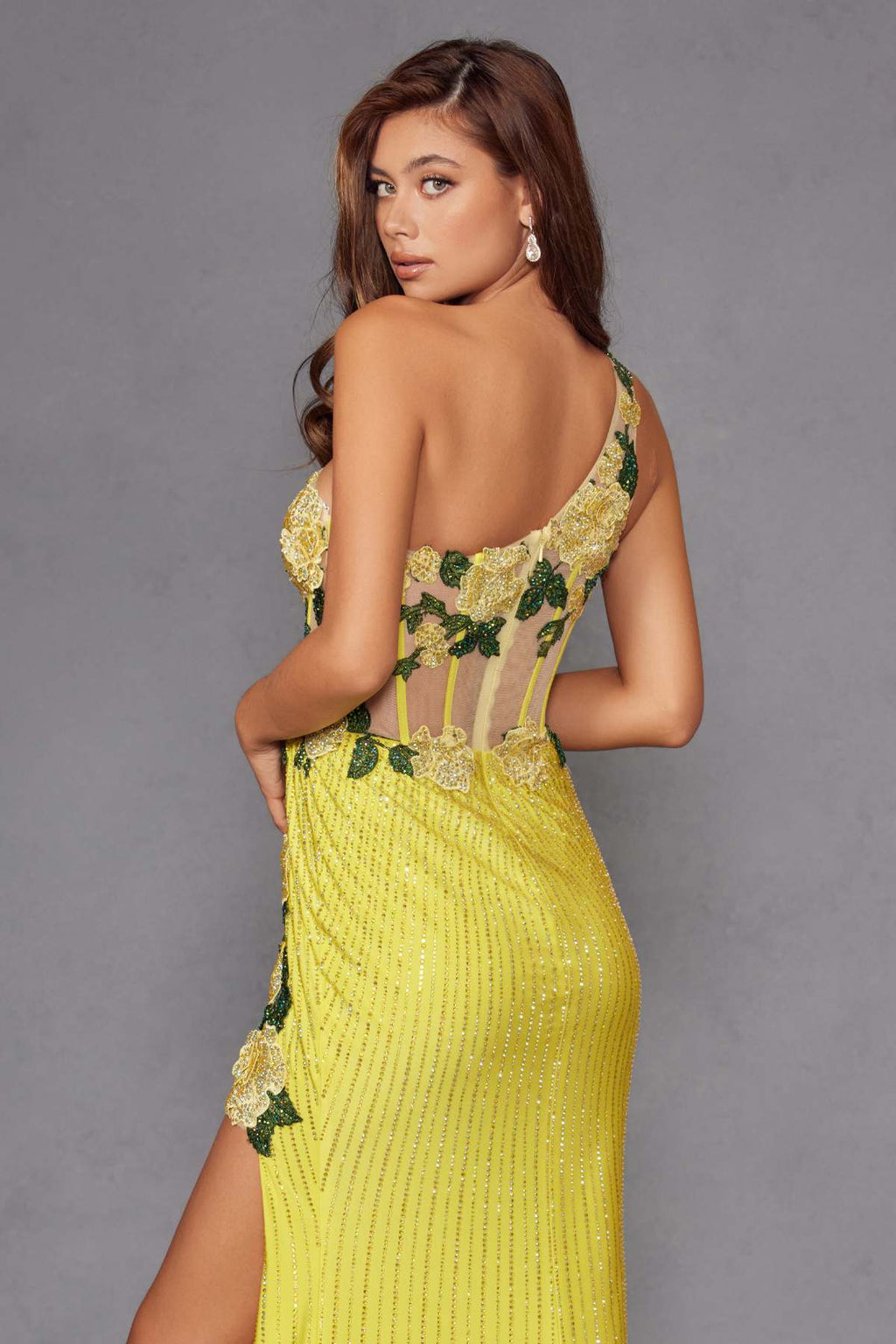 Juliet JT2514R One Shoulder Fitted Floral Applique Evening Gown