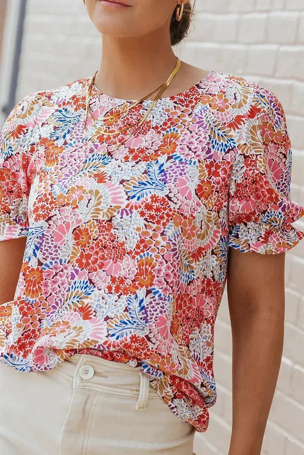Floral Bubble Sleeve Blouse - Multicolor Print Top | Femstylo