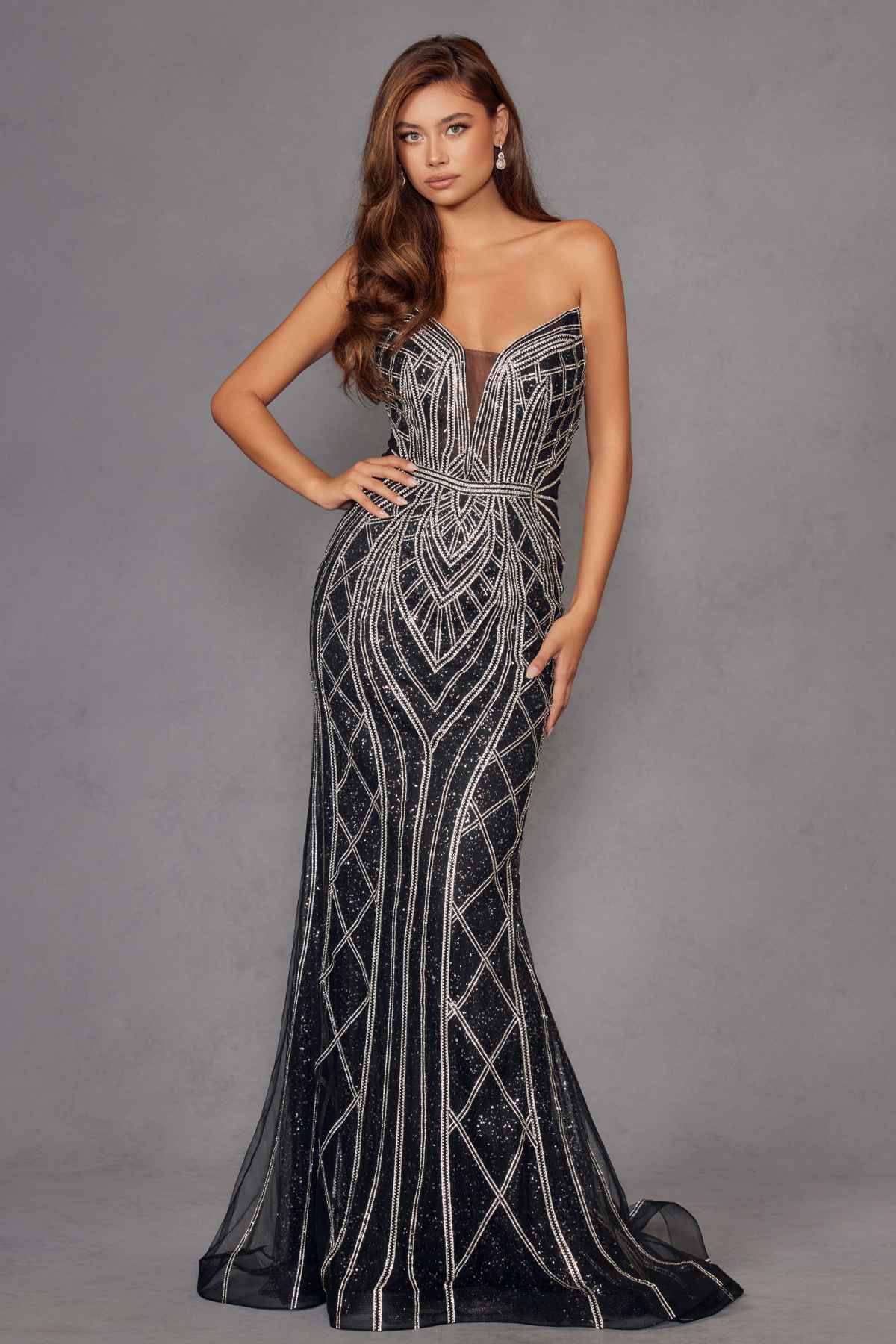 Juliet JT2525L Luxury High End Strapless Fitted Evening Gown