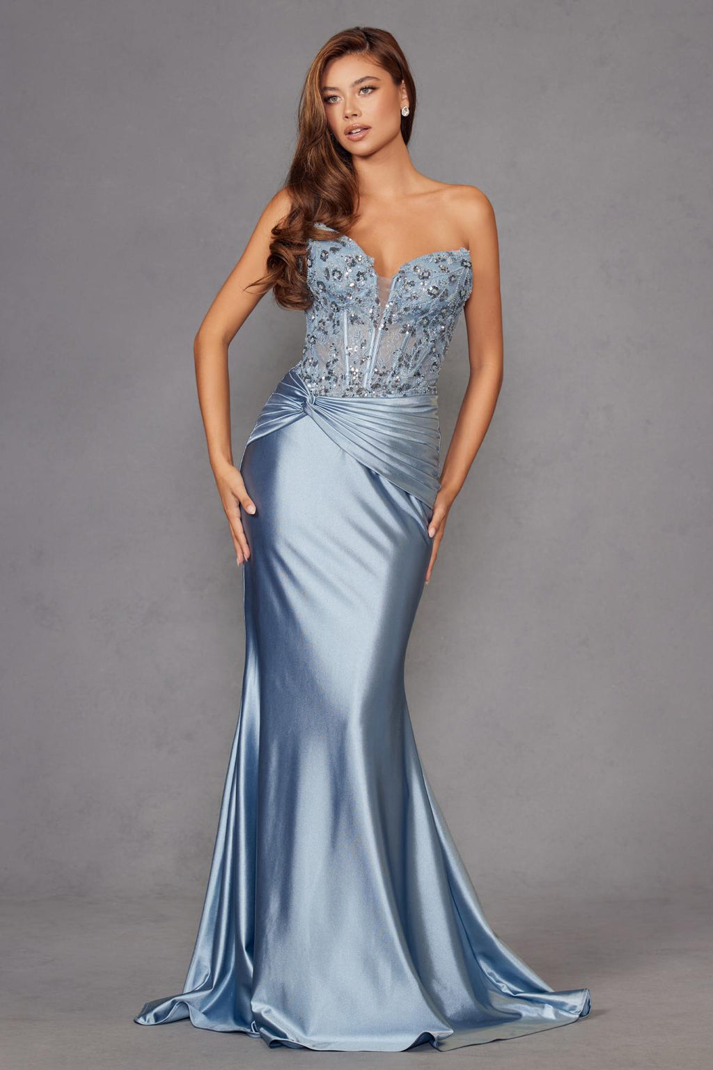 Juliet JT2534K Strapless Sweetheart Boned Corset Satin Prom Gown