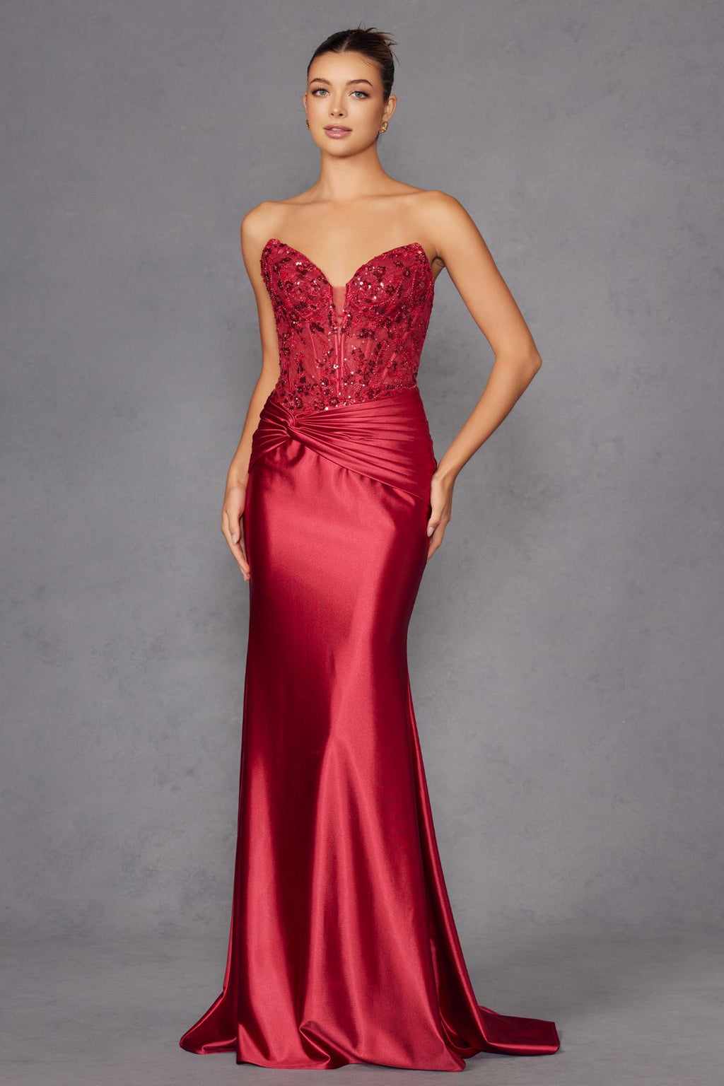 Juliet JT2534K Strapless Sweetheart Boned Corset Satin Prom Gown