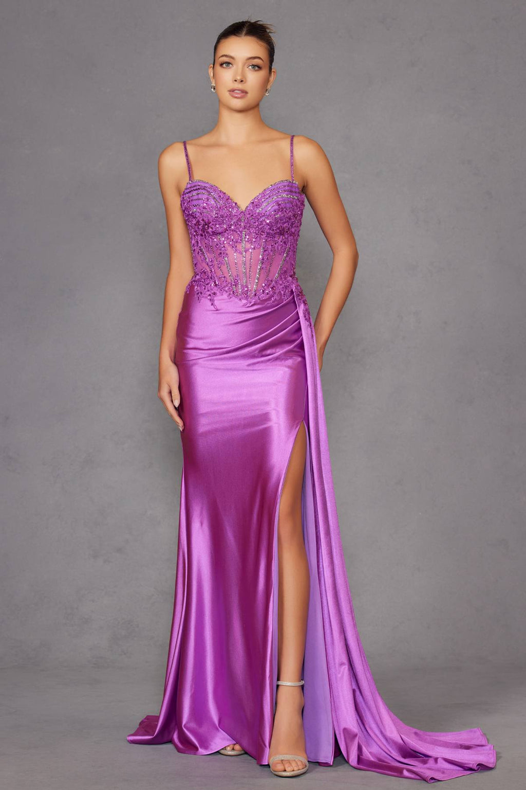 Juliet JT2535K Long Fitted Boned Corset Sweetheart Neck Side Slit Gown