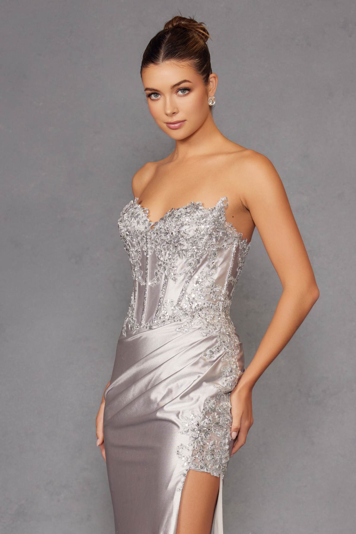 Juliet JT2536K Strapless Sweetheart Corset Back Fitted Satin Prom Gown