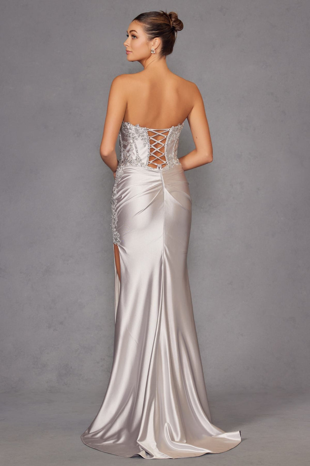 Juliet JT2536K Strapless Sweetheart Corset Back Fitted Satin Prom Gown