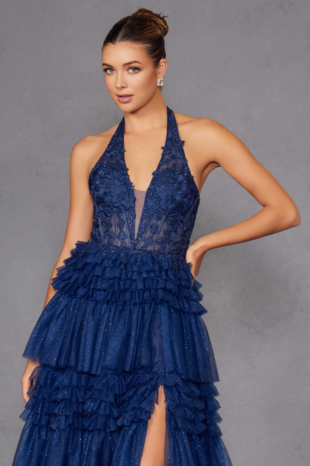 Juliet JT2556S Halter V-Neckline Layered Tulle Slit A-Line Gown