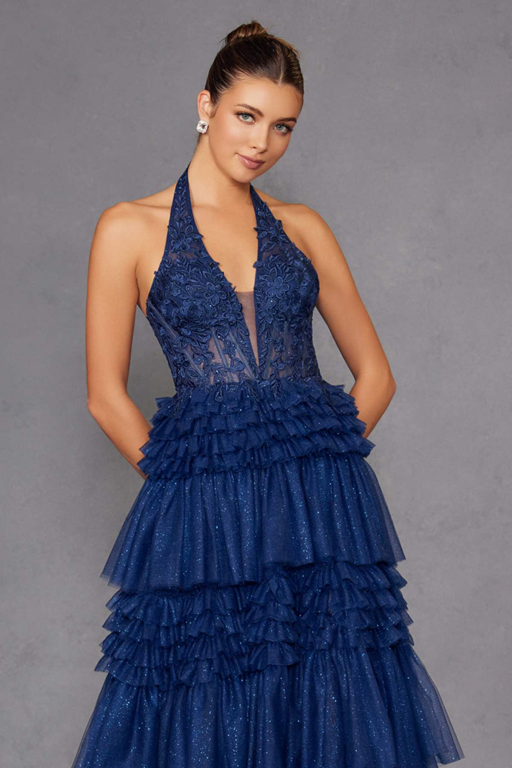 Juliet JT2556S Halter V-Neckline Layered Tulle Slit A-Line Gown